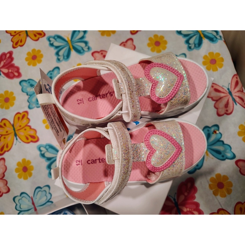 Carters Jani Toddler Girls Light-Up Sandals White Pink Glitter Heart Size 12 NEW